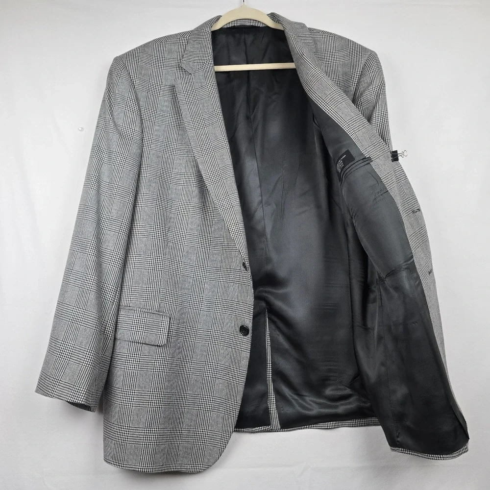 Jos A Bank Mens 48R Silk‎ Wool Blend Glen Plaid Blazer Sport Coat Black White